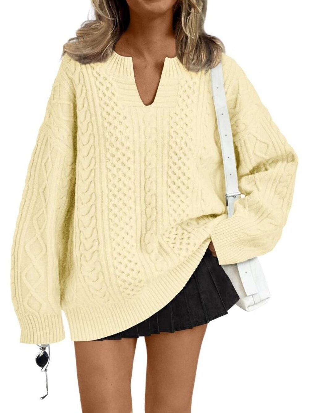 Women's Yellow V Neck Fall Fashion Oversized Cable Knit Fall Outfits Sweaters